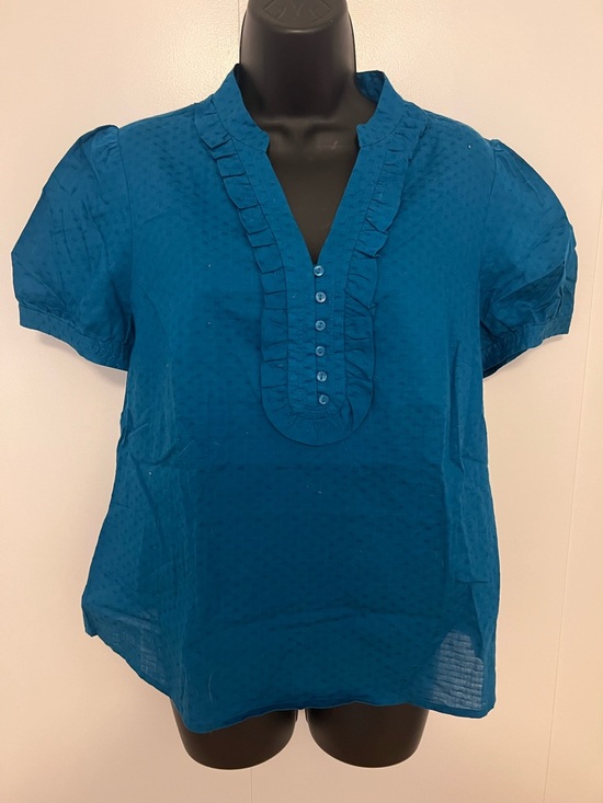 LOFT Tops - Ann Taylor Loft- Women's Teal Ruffle-Trim Short Sleeve Blouse (Cotton)